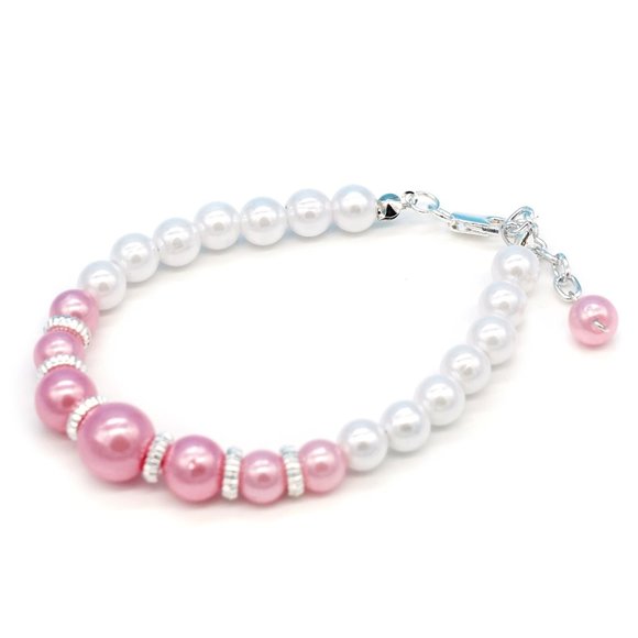 My Bead Emporium Jewelry - Bracelet Pink White Pearls Silver Spacers Silver Lobster Clasp With Chain